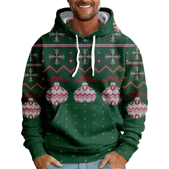 Discover Green Christmas Hoodie 3D Print Ornament Pattern Holiday Pullover Gift