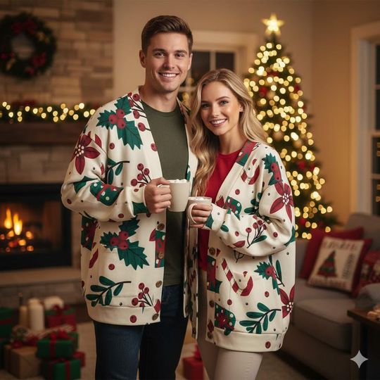 Christmas Knited Cardigan | Unisex V-Neck Button-Up Sweater with Holly & Gift Print | Cozy Holiday Outfit | Winter Christmas Gift