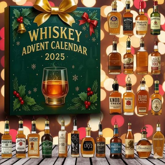 Discover Whiskey Advent Calendar 2025: 24 Acrylic Whiskey Bottle Ornaments - Whiskey Gift Decor