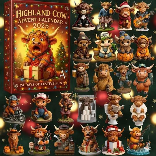 Discover 3D Highland Cow Advent Calendar: 24 Hand-Painted Resin Farmhouse Christmas Figurines - Unique Xmas Gift Set