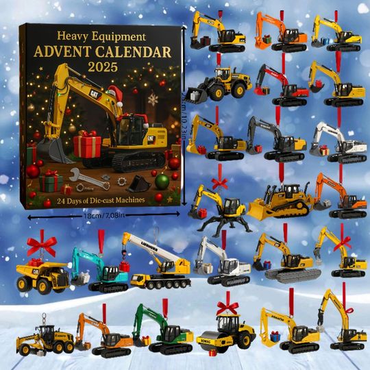 Discover Heavy Equipment Advent Calendar 2025, Construction Vehicle Christmas Countdown Box, 24 Day Excavator & Bulldozer Ornaments, Gift for Boys