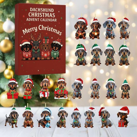Dachshund Christmas Advent Calendar 2025, 24-Day Dog Christmas Countdown Box, Custom Wiener Dog Collectible Set, Holiday Gift for Dog Lovers