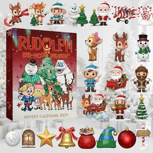 Discover Rudolph Reindeer Advent Calendar 2025, Christmas Countdown Box with 24 Cute Ornaments, Holiday Collectible Gift Set