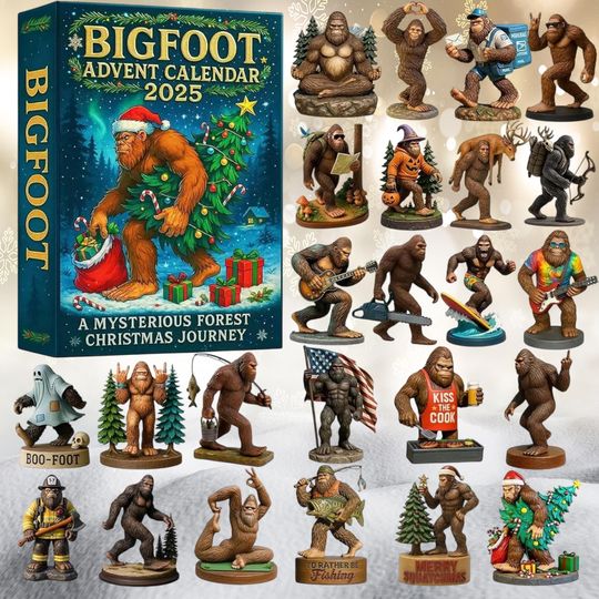 Discover 2025 Bigfoot Adventure Calendar 24 Days Holiday Countdown with 2D Acrylic Figure, 24 Days of Xmas Surprises with 24 Collectible for Him Gift