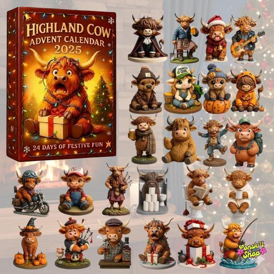 Discover Highland Cow Advent Calendar 2025, Festive Farmhouse Countdown Gift
