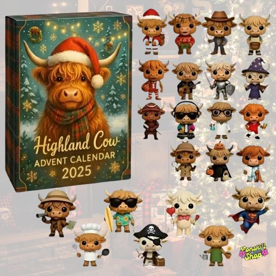 Discover Farmhouse Highland Cow Advent Calendar 2025, Christmas Countdown Box