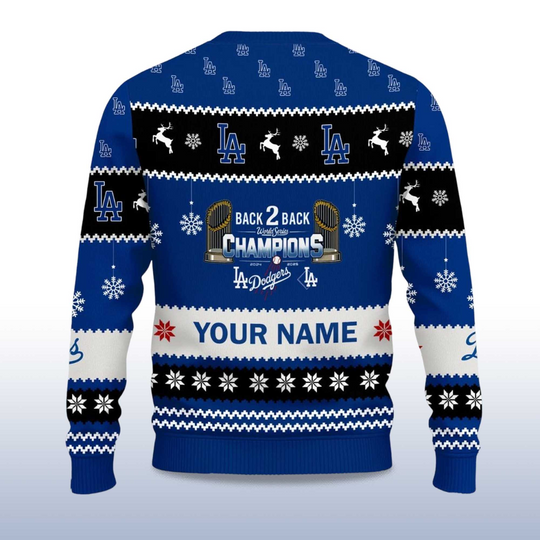 Custom Name Dodgers Back To Back World Series 2025 Champions Ugly Christmas Sweater