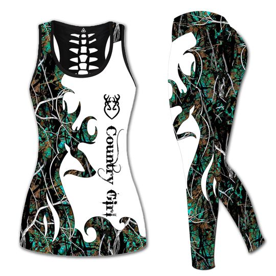 Kaseetop Country Girl Hunting Deer Hollow Tank Top Legging Set | Yoga Set | Women's Day gift