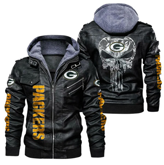 Men's Green Bay Packers Hooded Leather Jacket, Gift For Father