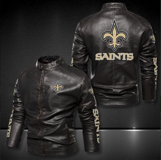 New Orleans Saints Stand Collar Leather Jacket, Winter Coat