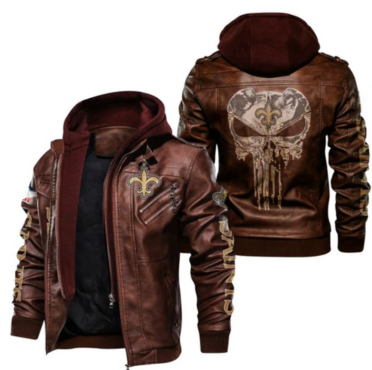 Men's New Orleans Saints Hooded Leather Jacket, Gift For Father