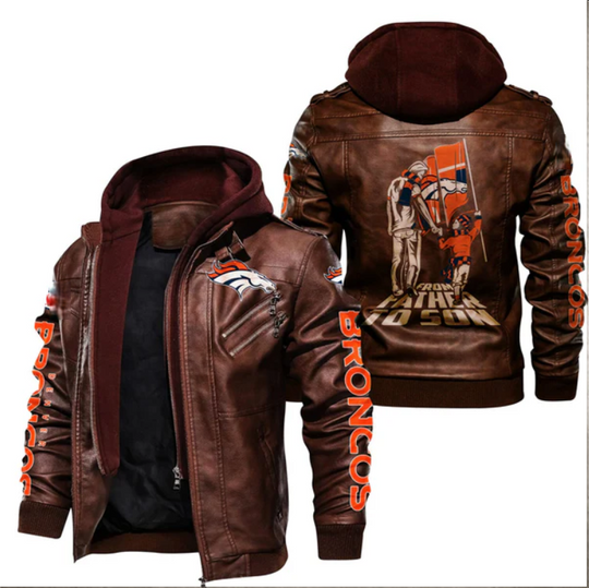 Denver Broncos Hooded Leather Jacket, Gift For Father
