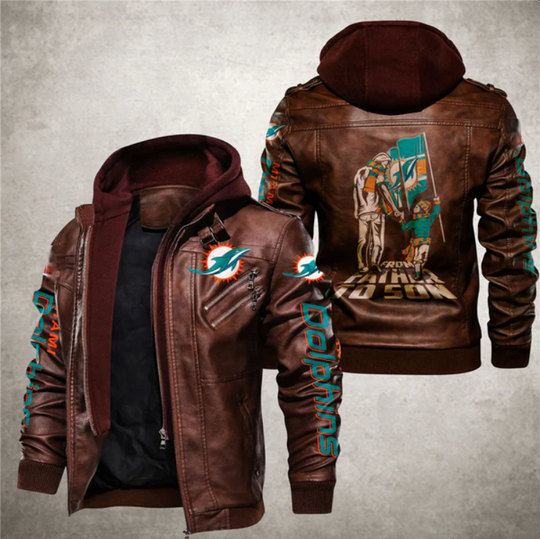 Miami Dolphins Hooded Leather Jacket, Gift For Father