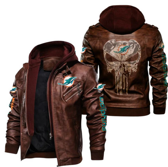 Miami Dolphins Hooded Leather Jacket, Gift For Father