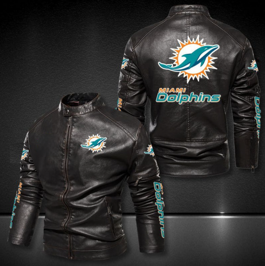 Miami Dolphins Stand Collar Leather Jacket, Winter Coat