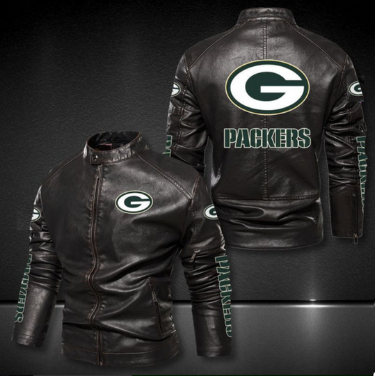 Green Bay Packers Stand Collar Leather Jacket, Winter Coat