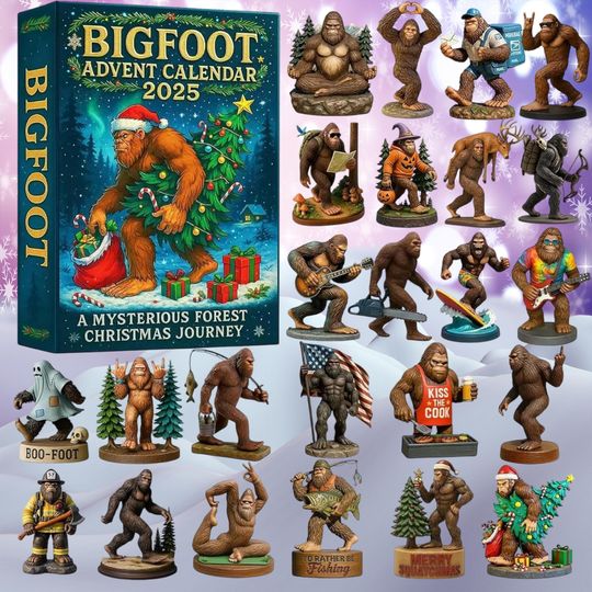 Discover 2025 Bigfoot Adventure Calendar 24 Days Holiday Countdown with 2D Acrylic Figure, 24 Days of Xmas Surprises with 24 Collectible for Him Gift
