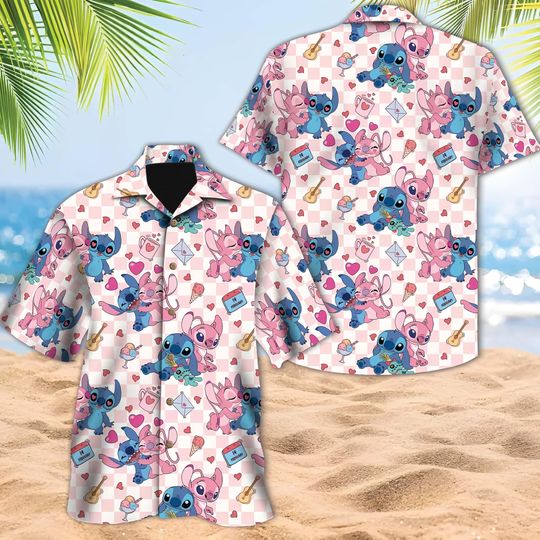 Discover Disney Stitch And Angel Summer Hawaiian, Lovely Couple Button Up, Lilo Stich Hawaiian, Couple Shirt Gift, Summer 3D All Over Print Shirt