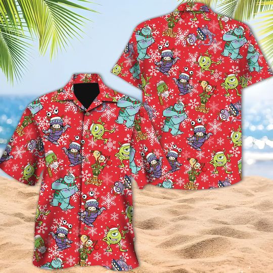 Discover Disney Monster Inc Christmas Hawaiian Shirt, Mike Wazowski, Sulley, Boo Hawaiian Shirt, Disney Trip Button Up, Monsters Inc Xmas Party Gift