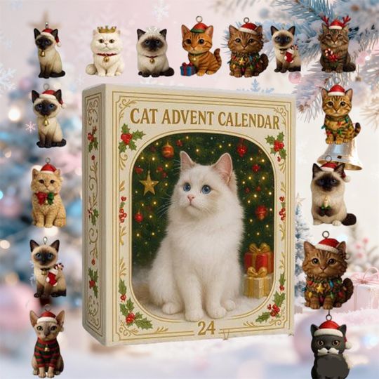 Discover Cat Advent Calendar 2025, 24 Days of 2D Acrylic Christmas Ornaments, Collectible Mini Figures, Novelty Gag Gift, Funny Gifts For Cat Lovers