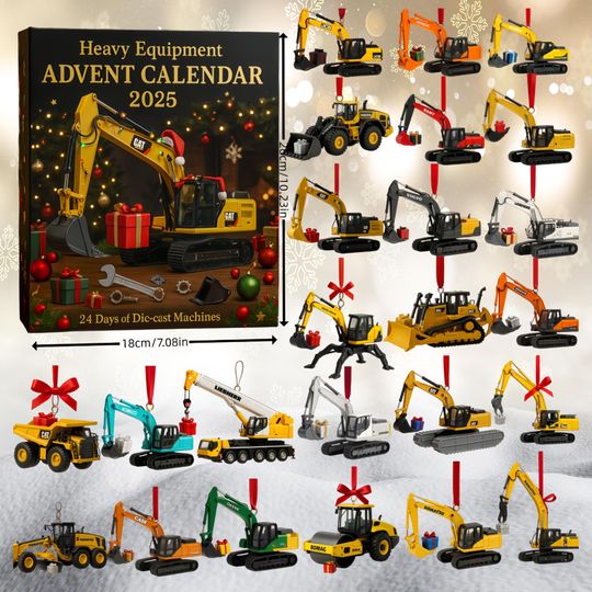 Discover Heavy Equipment Advent Calendar 2025, 24 Die-Cast Machines, 24 Days Christmas Countdown Calendar with 24 Different Mini Excavator Ornaments