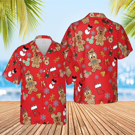 Discover Disney Mickey and Friends Gingerbread Red Hawaiian Shirt, Disney Christmas Hawaii, Mickey Very Merry Button Shirt, Xmas Party Holiday Tee