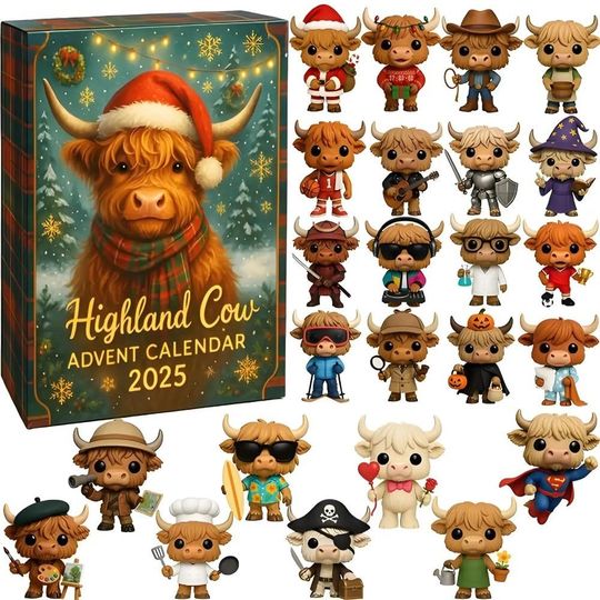 Discover 24 Highland Cow Advent Calendar 2025, Cute Cow Mini Figures Set, 24 Days Christmas Countdown Box, Farm Animal Gift for Kids & Cow Lovers