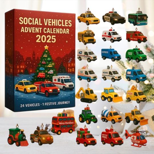 Discover 2025 Vehicle Advent Calendar, 24 Mini Car Ornaments, Christmas Countdown Decor, Kids Toy Gift, Social Vehicles Xmas Tree Hanging