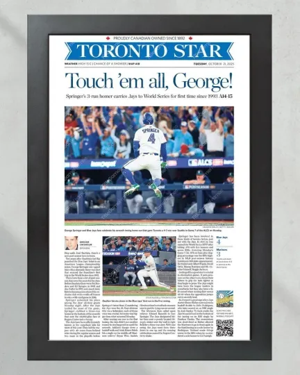 Discover 2025 Toronto Blue Jays Champs "Touch ’em all, George!" Framed Newspaper Poster