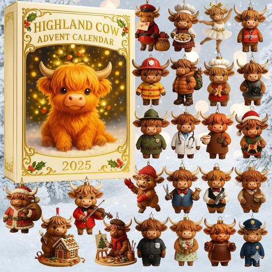 Discover Highland Cow Advent Calendar 2025, Cute Farm Animal Christmas Countdown Box, 24 Day Holiday Surprise Gift