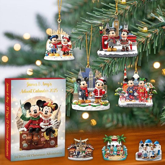 Discover Mouse Couple Travel Advent Calendar, World Tour Ornaments, Christmas Adventure Decor, Holiday Countdown, Globetrotter Gift, Collectible
