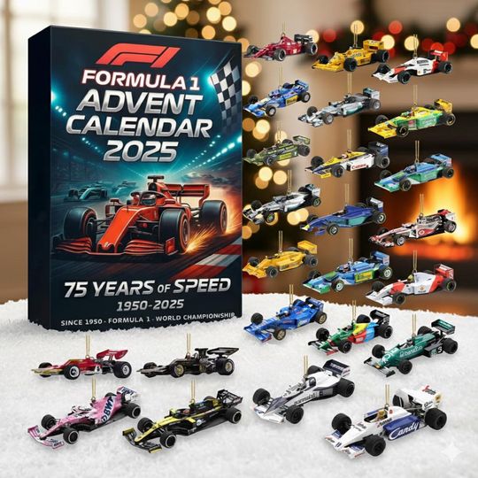 Discover 2025 Formula Racing Advent Calendar, Flat 2D Acrylic Christmas Ornament Set with Classic F1 Cars, Tree Hanging Decor Gift for Racing Fans