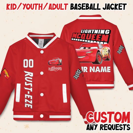 Discover Custom Disney Lightning McQueen Car Kids and Youth Baseball Varsity Jacket, Aldult Unisex Varsity Baseball Jacket, Disneyland Vacation