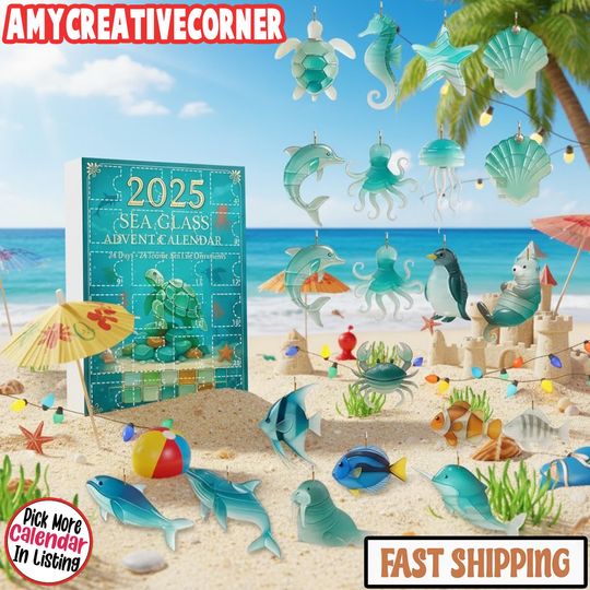 Discover Sea Glass Advent Calendar 2025, 24 Day Sea Animals Figurines, Christmas Ornament Countdown, Coastal Holiday Decor Gift, Unique Xmas Gift Set