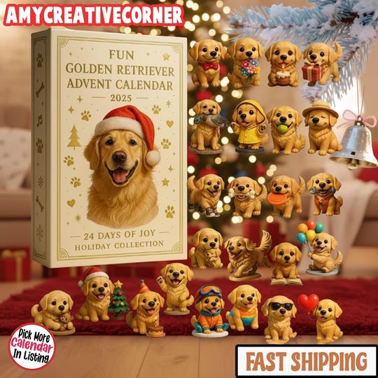 Golden Retriever Advent Calendar 2025, 24 Days of 2D Acrylic Dog Christmas Ornaments, Countdown Collectible Mini Figures, Novelty Gag Gift