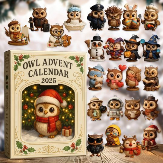 Discover Owl Advent Calendar 2D Acrylic Gift, 24 Pcs Cute Owl Figures, Christmas Countdown Calendar, Unique Holiday Gift, Xmas Decor