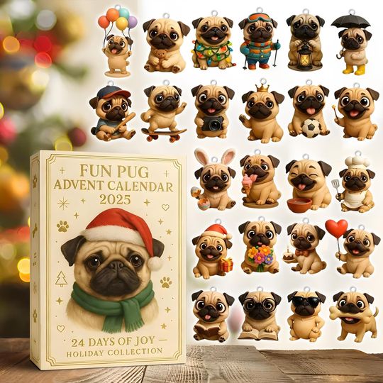 Discover Pug Dog Advent Calendar 2D Acrylic Gift, 24 Pcs Cute Pug Figures, Christmas Countdown Calendar, Holiday Gift, Xmas Decor