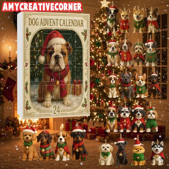 Discover Dog Breed Advent Calendar 2025, 24 Day Dog Figurines, Vintage Christmas Ornament Countdown, Christmas Countdown Box