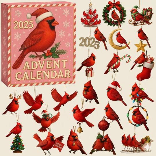 Discover 24 Cardinal Christmas Advent Calendar 2025  24 Day Countdown Box with Red Bird Ornaments, Holiday Gift for Bird Lovers & Home Dcor