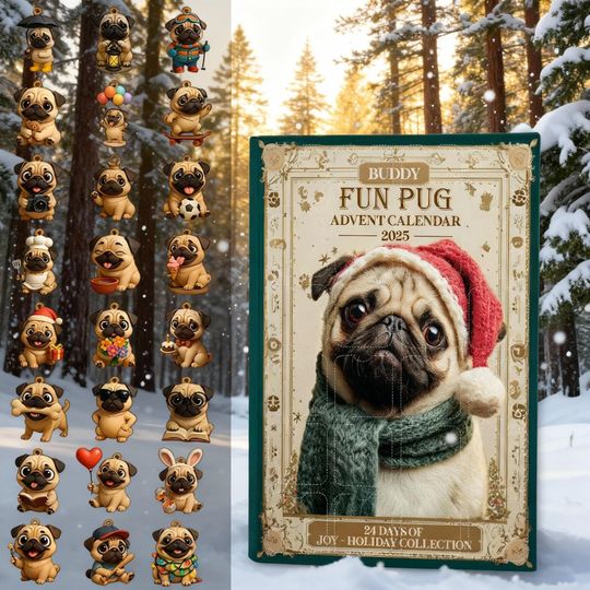 Discover Fun Pug Advent Calendar, 24 Days of Joy, Cute Dog Figurines Set, Pug Lover Christmas Gift, Holiday Countdown