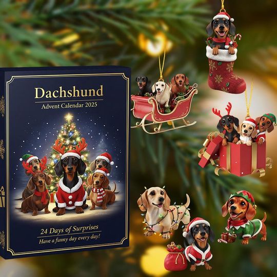 Dachshund Christmas Advent Calendar, Dachshund 2D Advent Calendar, Christmas Acrylic Ornaments, Dachshund 24-Day Countdown Gift Box