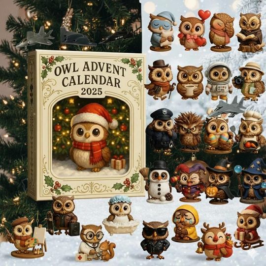 Discover Owl Advent Calendar 2025, 24-Day Christmas Countdown, Cute Winter Holiday Gift for Owl Lovers and Families, 2D Acrylic Owl Advent Calendar