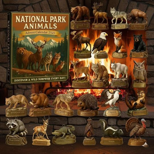 Discover National Park Animals Advent Calendar, 2D Flat Wildlife Nature Collectible Holiday Gift for Animal Lovers, 24 Acrylic Christmas Ornaments