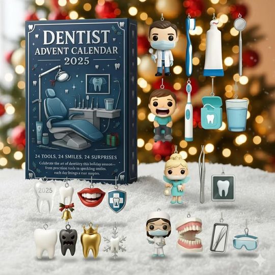 Discover Dentist Advent Calendar Acrylic Christmas Ornament Set, Funny Medical Holiday Gift for Hygienists, 24 Dental-Themed Mini Figures