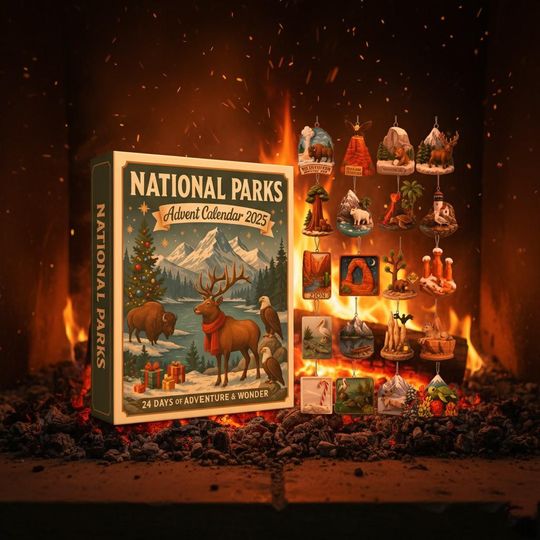 Discover National Parks 2D Flat Advent Calendar, 24 Christmas Ornament, Scenic Landscape Mini Figures Nature Adventure Holiday Gift for Outdoor