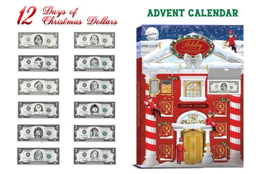 Discover 12 Days of Christmas Dollars Advent Calendar. 12 Real Bankable and Spendable 2.0 USD Dollars in a 12 day Advent Calendar Snow Bank Box.