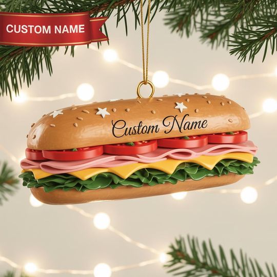 Discover Personalized Sub Sandwich Christmas Ornament, Deli Sandwich Design with Lettuce Cheese and Tomato Foodie Gift for Holiday, Foodie Ornament