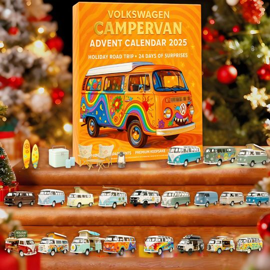 Discover 2025 Retro Van Road Trip Countdown Calendar, Hippie Bus Miniature Model Kit, 24 Premium Holiday Keepsakes