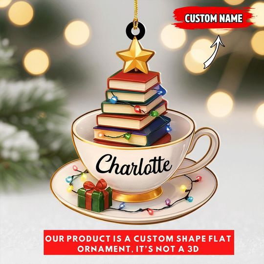 Discover Personalized Book Cup Ornament, Gift for Book Lovers & Teachers, Holiday Tea Cup Decoration