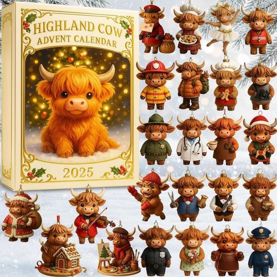 2025 Highland Cow Christmas Advent Calendar  24 Day Mini Figurine Box  Holiday Gift Idea for Farm Fans, Kids & Collectors